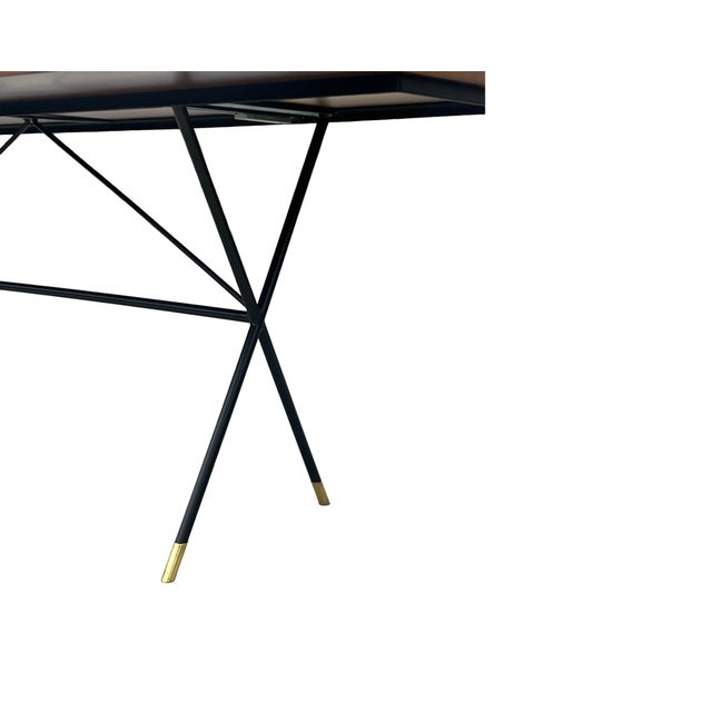 Brown Vintage Rare Mid Century Modern X-Base Wrought Iron Walnut Flip Top Walnut Dining Table / Console / Desk Restored Brass For Sale - Image 8 of 12