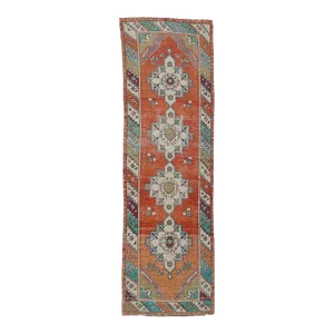1970s Vintage Turkish Oushak Handmade Wool Cotton Red Runner Rug
