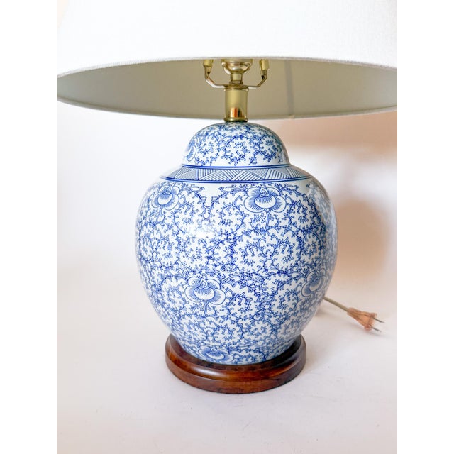 2010s Ralph Lauren Blue and White Ceramic Ginger Jar Lamp With Scrolling Vine Motif For Sale - Image 5 of 8