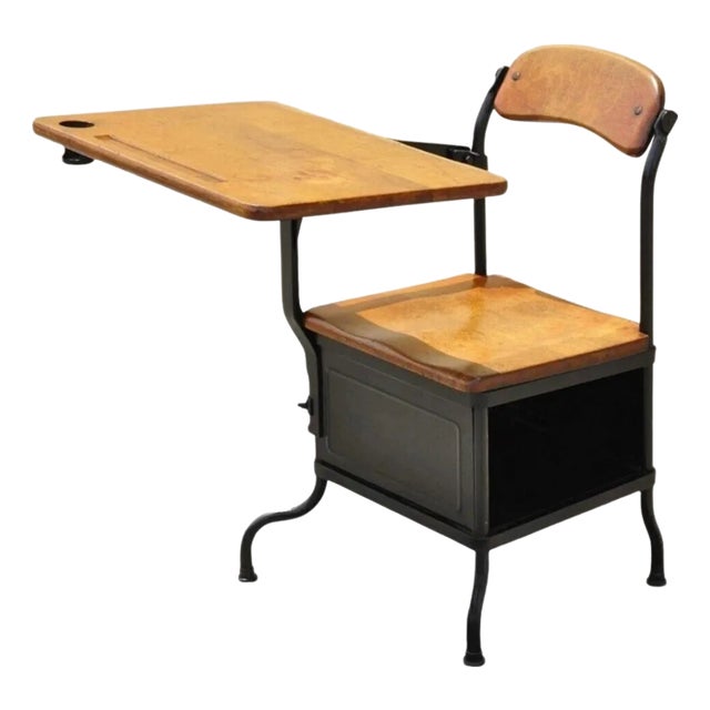 Antique American Industrial Iron and Maple Childs School Writing Desk For Sale