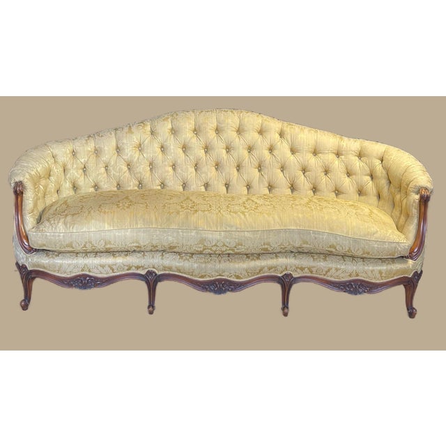 Vintage French Button Back Tufted Sofa With Gold Damask Fabric For Sale - Image 17 of 17