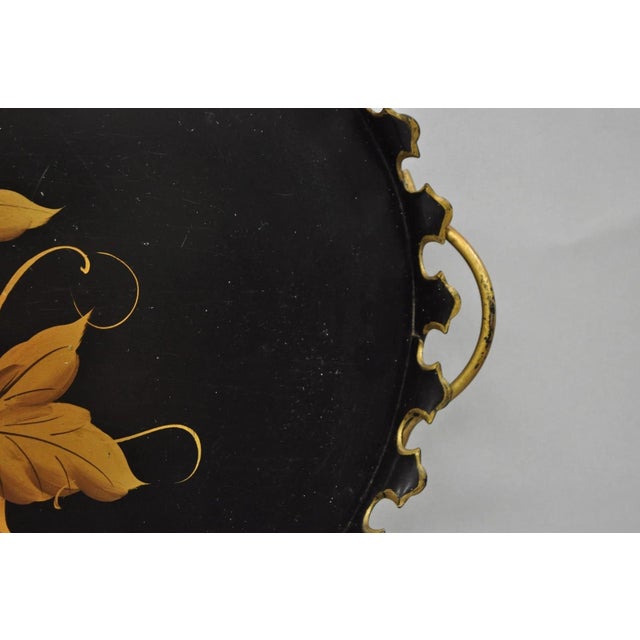 Vintage French Country Black and Gold Hand Painted Oval Toleware Serving Tray For Sale In Philadelphia - Image 6 of 15