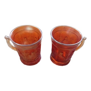 1960s Northwood Marigold Singing Birds Carnival Glass Handle Tumblers - a Pair For Sale