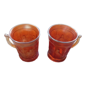 1960s Northwood Marigold Singing Birds Carnival Glass Handle Tumblers - a Pair