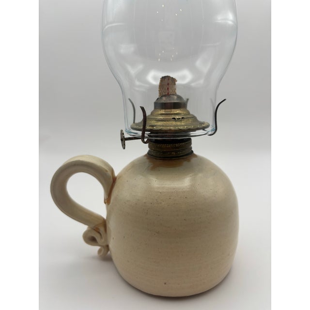 Antique Blue & White Stoneware Oil Lamp With Glass Chimney For Sale - Image 9 of 10