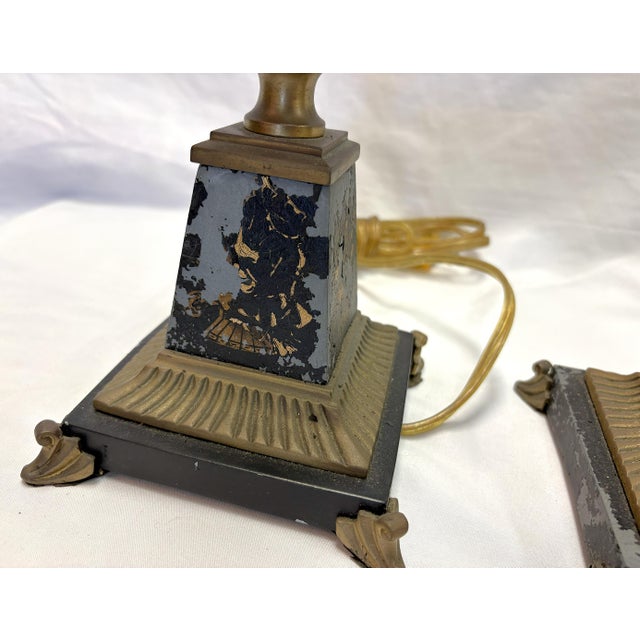 Vintage French Tole and Brass Candlestick Lamps With Pineapple Motif- A Pair For Sale - Image 12 of 18