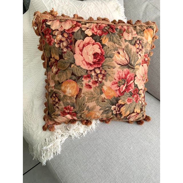 Textile Vintage Decorative Cushion Pillow Floral Cabbage Roses and Fruits Pattern Cotton Linen Tassels Borders 19” X 19” For Sale - Image 7 of 12
