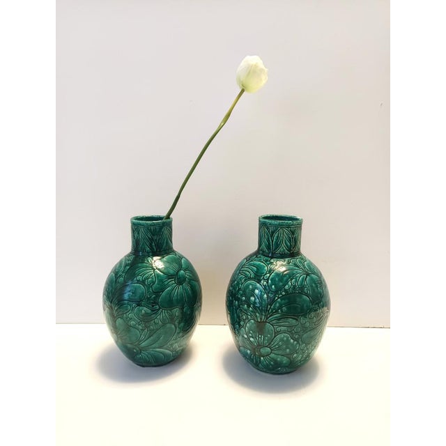 Mid-Century Modern Handcrafted Green Ceramic Vases attributed to Fratelli Fanciullacci, Italy, 1960s, Set of 2 For Sale - Image 3 of 12