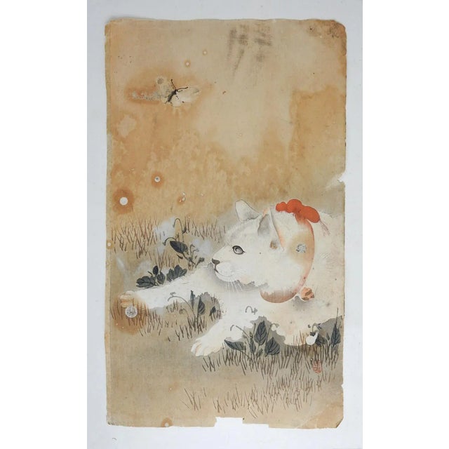 Japanese Vintage Ohara Koson White Cat and Butterfly Japanese Woodblock Print For Sale - Image 3 of 3