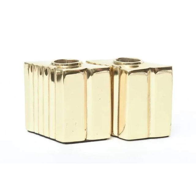 Vintage Brass Sculptural Diamond Shaped Candlesticks Pair Of, 1970's For Sale - Image 4 of 11