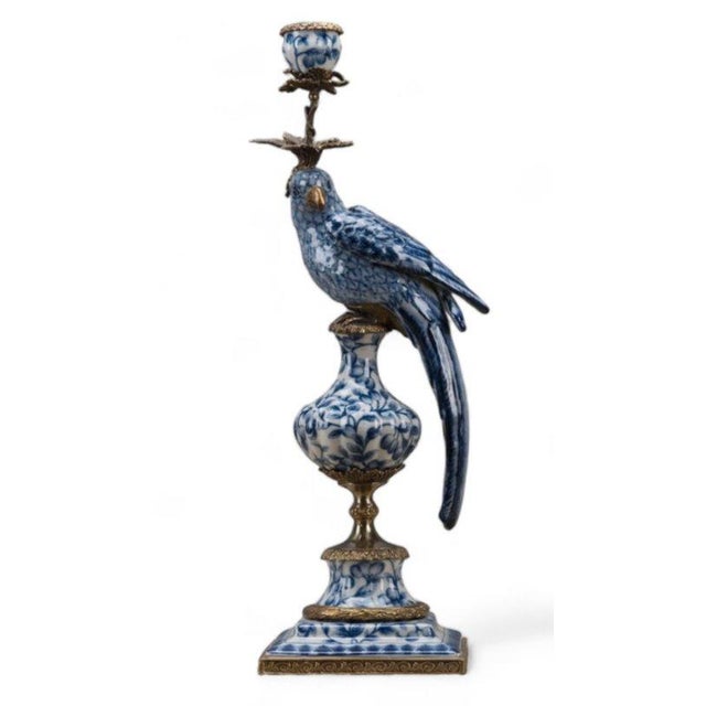 2020s Blue and White Porcelain Parrot Candle Holder With Bronze Ormolu Left and Right Drama For Sale - Image 5 of 8
