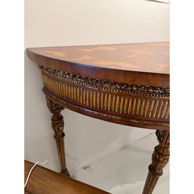 Wood Vintage Louis XVI Style Giltwood Marquetry Demilune Console Table For Sale - Image 7 of 9