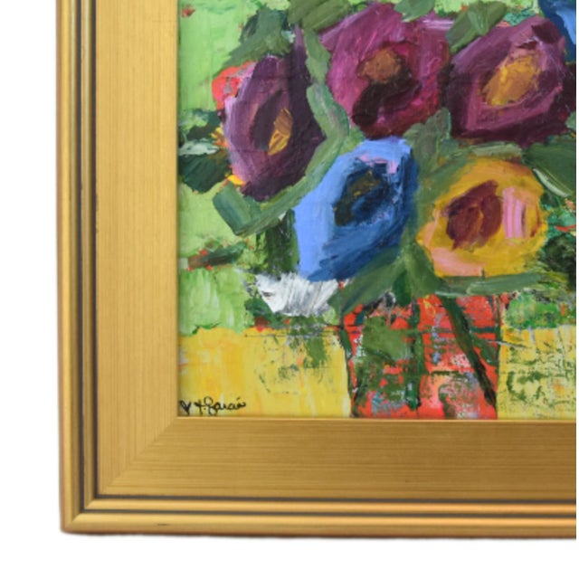 Colorful contemporary abstract bouquet of flowers, still life, acrylic painting on stretched artist canvas. Signed by the...