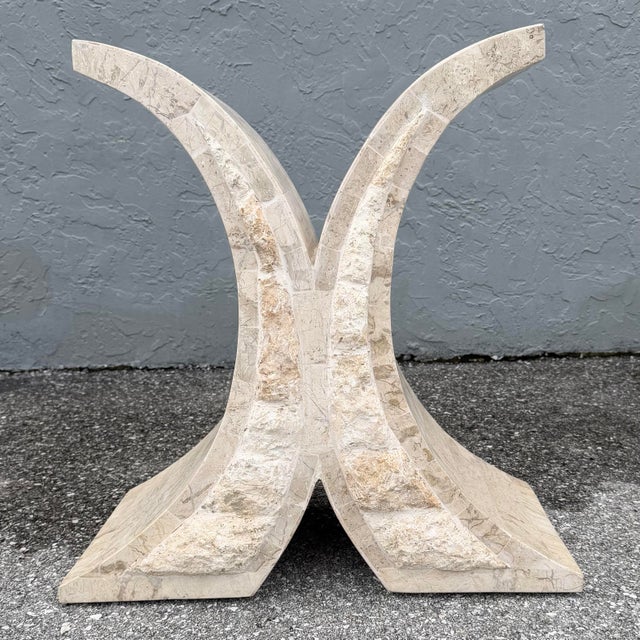 This postmodern table base transforms tessellated stone into a sculptural X-shaped form. Two concave arcs curve outward...