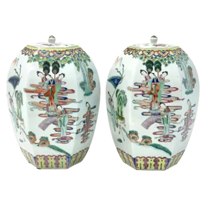 Pair of Vintage 20th Century Chinese Porcelain Hexagonal Ginger Jars With Lids