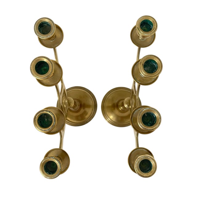 Mid 20th Century Pair of Vintage Brass 4 Candle Candelabras 18" Tall For Sale - Image 5 of 6