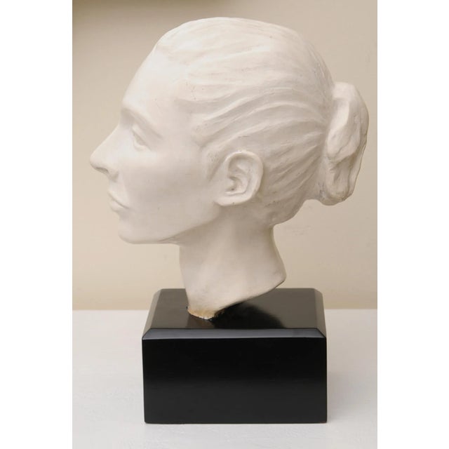 Vintage Plaster of Paris Female Head Bust Sculpture on Black Wood Base, Restored, Italy, 1960's For Sale - Image 4 of 10
