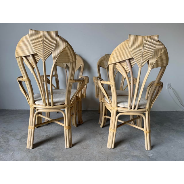 Vintage Boho Chic Coastal Rattan & Leather-Wrapped Dining Chairs – Set of 4 For Sale - Image 10 of 12