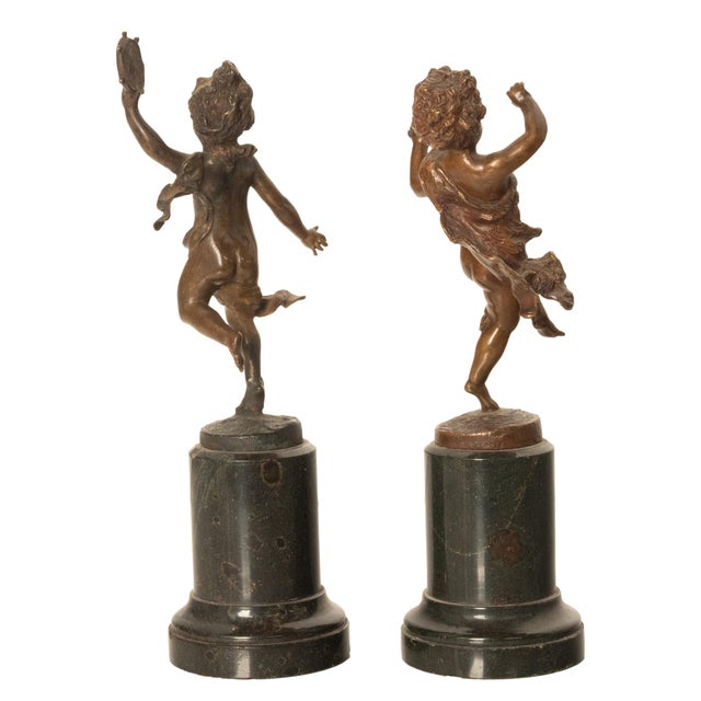 Pair Antique French Bronze Marble Putti Dancing Musicians Statues Sculpture 1860 For Sale In Portland, OR - Image 6 of 13