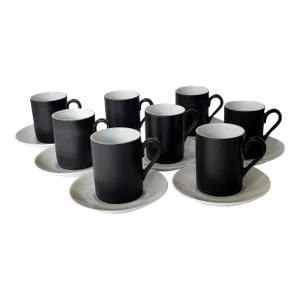 Kenji Fujita Black and White Porcelain Demitasse or Tea Cups and Saucers - Set of 8