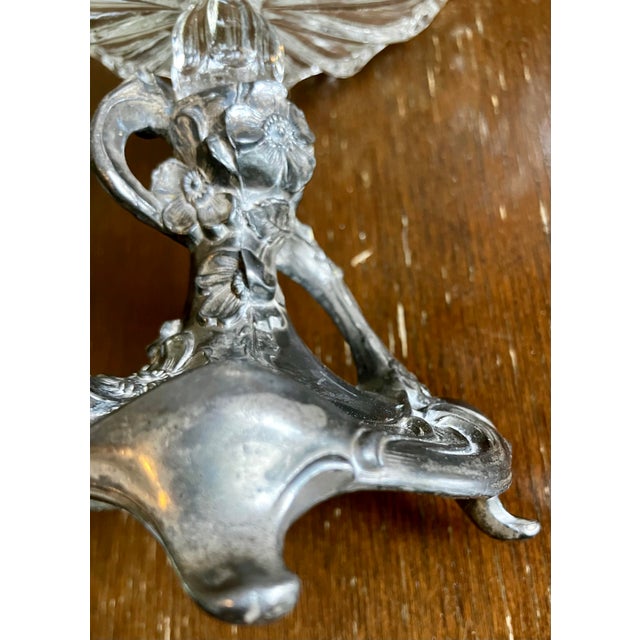 Antique Art Nouveau Figural Floral Spelter and Scalloped Glass Centerpiece Tazza For Sale - Image 10 of 17