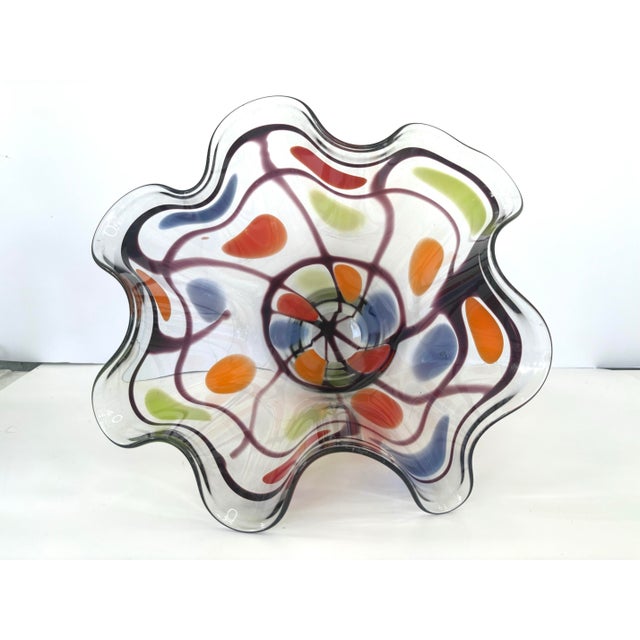 Glass Large Contemporary Hand-Blown Art Glass Vase With Ruffled Rim, Polychrome Inclusions 10.5” For Sale - Image 7 of 7
