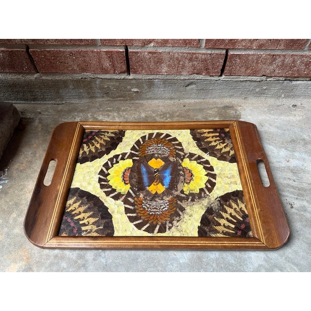 Vintage Mid Century Brazilian Butterfly Inlaid Wood Tray For Sale - Image 4 of 6