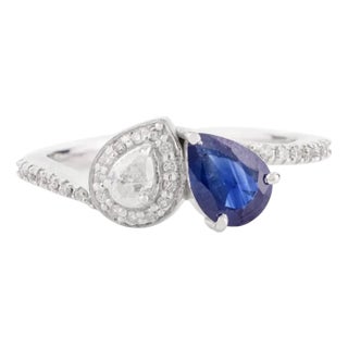 14k Gold Blue Sapphire Diamond Toi Et Moi Wedding Ring Size 5.5 For Sale