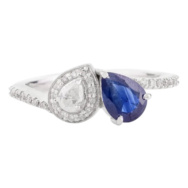 14k Gold Blue Sapphire Diamond Toi Et Moi Wedding Ring Size 5.5 For Sale