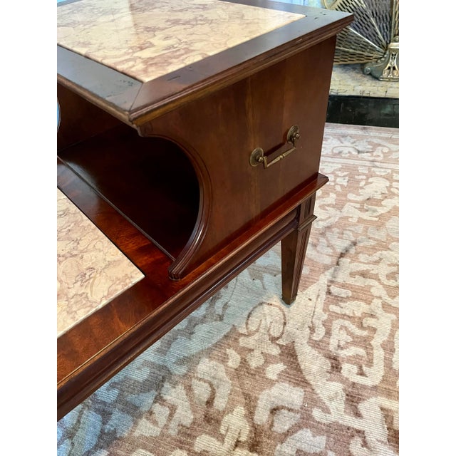 Wood Walnut Two-Tier Table With Marble Inlay - Mid Century For Sale - Image 7 of 9