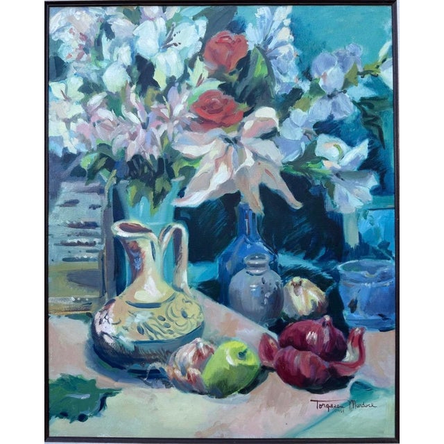 Mid-Century Modern 1984 Torgesen Murdock Original Oil Painting – Floral Still Life With Lilies, Roses & Ceramic Pitcher For Sale - Image 3 of 18
