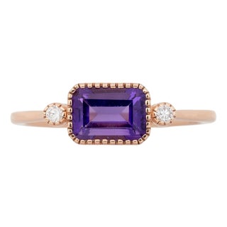 Amethyst Ring With Natural Diamond Accents: Solid 14k Gold, Emerald Cut, Size 6.75 For Sale