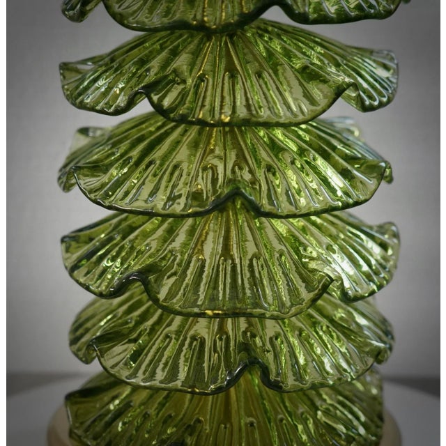 Metal Mid-Century Murano Round Green Art Glass and Brass Table Lamp For Sale - Image 7 of 9