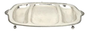 Late 19th Century Silver Plated Shaped Three Part Divided Serving Tray Platter Gadrooned Border with "Juices Reservoir"