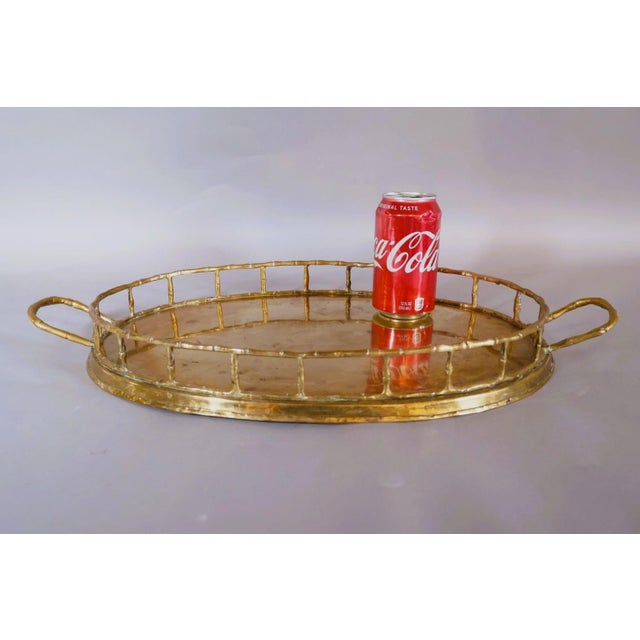Chinoiserie 1970s Solid Brass Faux Bamboo Oval Gallery Serving Tray With Handles For Sale - Image 3 of 4