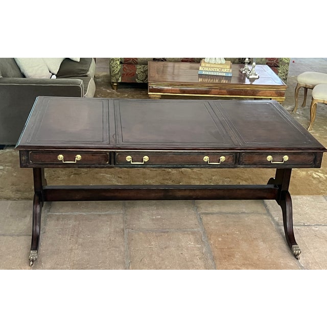 Maitland-Smith Embossed Leather Wrapped Partners Desk W/ Brass Hardware For Sale In San Francisco - Image 6 of 18