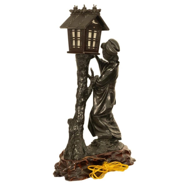 Antique Japanese Meiji Period Cast Bronze Geisha Statue Figure Lamp Signed 1890 For Sale In Portland, OR - Image 6 of 16