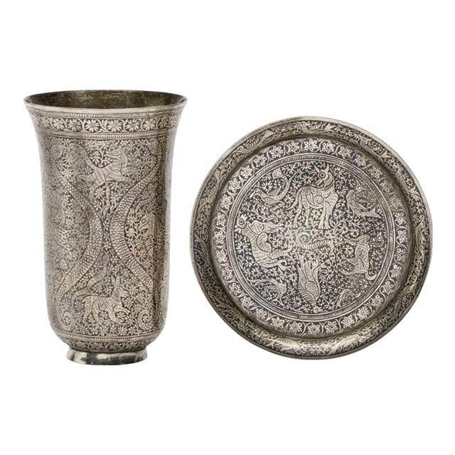 An Exceptional Indian Solid Silver Niello Beaker and Saucer, Circa 1800 For Sale