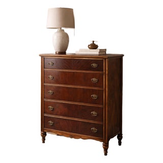 Late 19th Century American Mahogany Tall Chest With Chevron Veneer Drawer & Original Casters For Sale