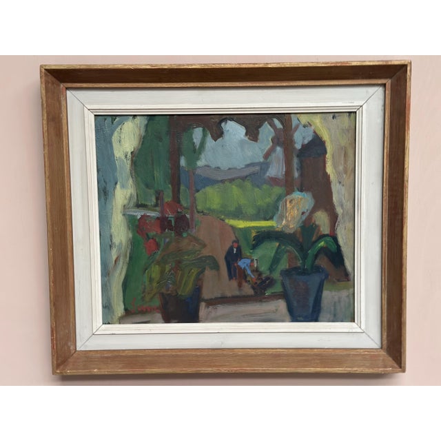 Original Mid Century Swedish Oil on Panel – “Window View with Windmill” – Attributed to Sune Petterson – Framed 60 × 52 cm...