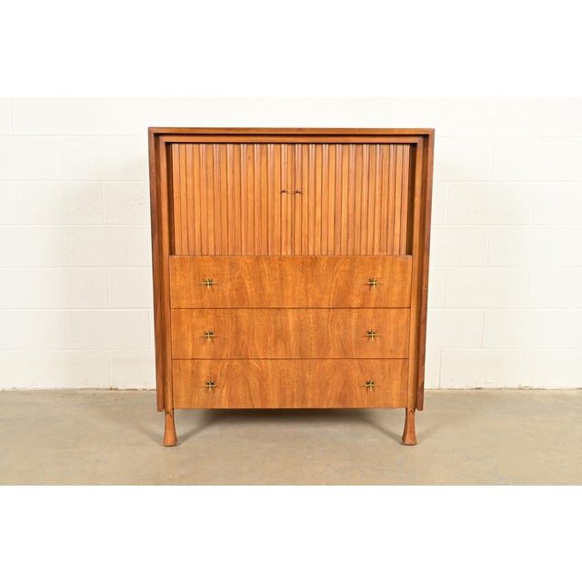 Mid-Century Modern John Widdicomb Mid-Century Modern Sculpted Walnut Tambour Door Gentleman's Chest, 1960s For Sale - Image 3 of 14