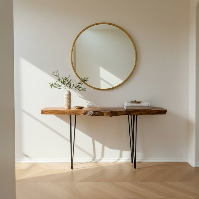 This one-of-a-kind console table is handcrafted from a substantial slab of solid black walnut, selected for its beautiful...