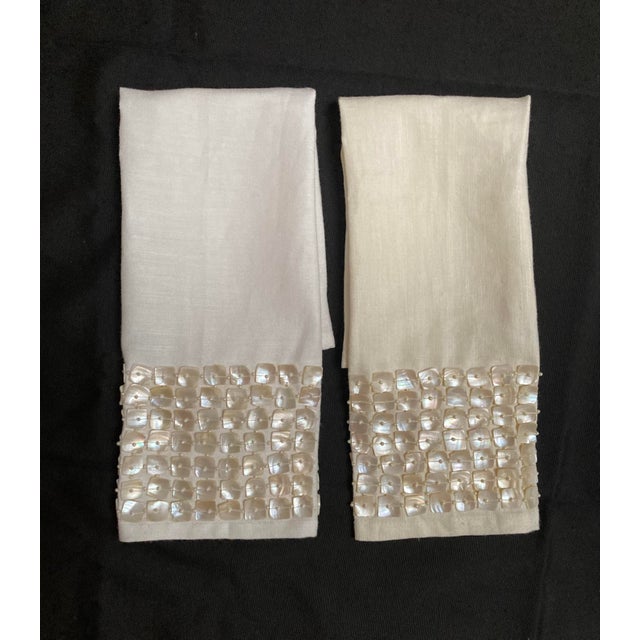 Mother of Pearl Embellished Linen Contemporary Guest Towels (Set of 2) For Sale - Image 4 of 5