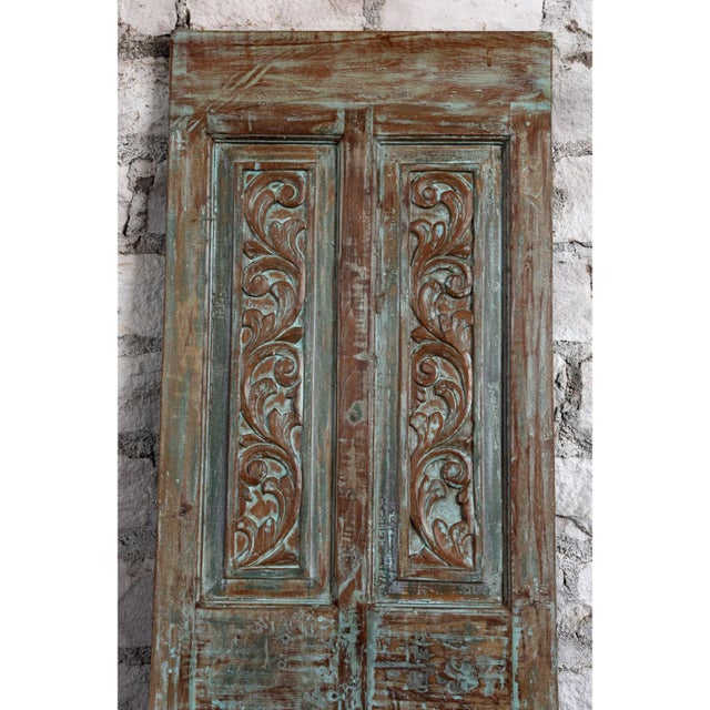 Antique Blue Floral Carved Door – Rustic Hinged or Sliding Barn Door Panel 80x26.5 For Sale - Image 4 of 5