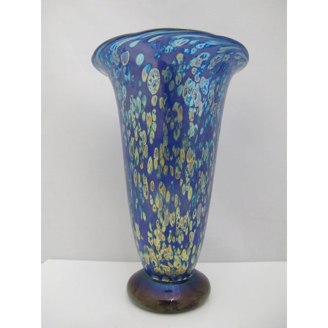 Abstract Donald Carlson Iridescent Blue Splatter Studio Art Glass Trumpet Vase For Sale - Image 3 of 11