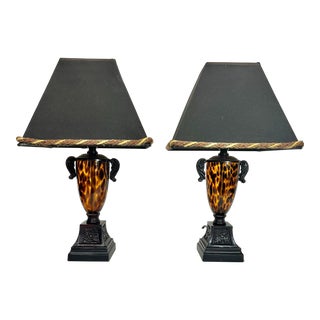 Vintage Regency Amber Faux Tortoise Shell Blown Glass Urn Style Bedside Table Lamps With Black Shades - a Pair For Sale