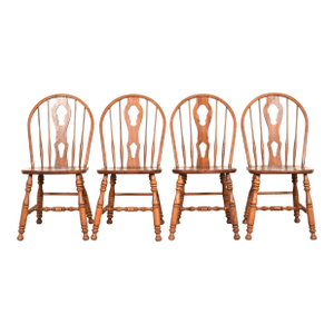 Ethan Allen Style American Colonial Solid Oak Spindle Back Windsor Dining Chairs, Set of Four