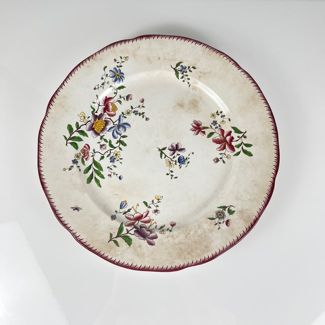 Large round patinated dish, Strasbourg model, Sarreguemines, 1880-1918 Strasbourg U&Cie stamp, Sarreguemines Floral...