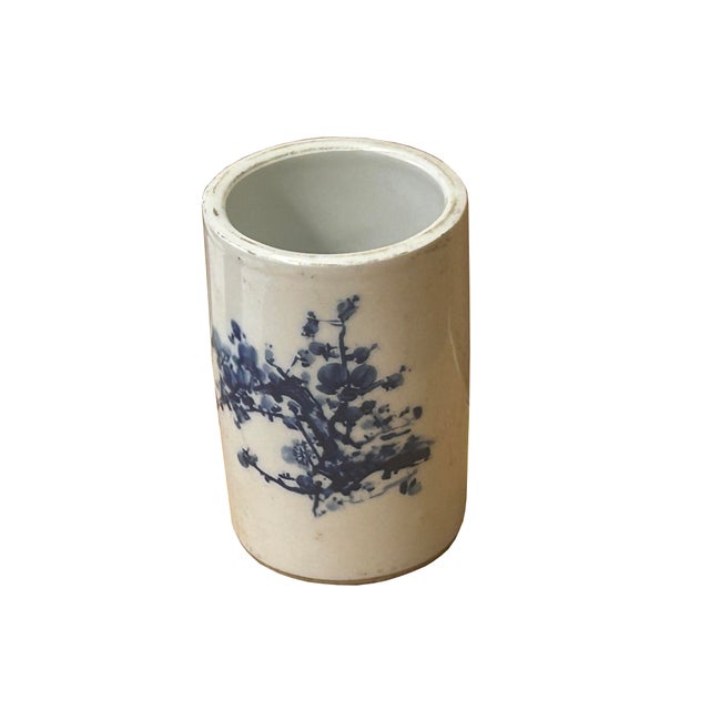 1980s Chinese Distressed White Porcelain Blue Blossom Flower Graphic Holder Vase For Sale - Image 5 of 10