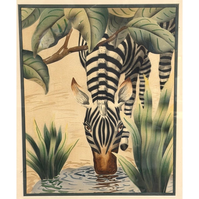 Pair of Art Deco Zebra Watercolor Gouaches by Shirrell Graves in Verde Frames For Sale - Image 10 of 16